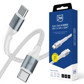 3mk Hyper Cable N-SERIES USB-C uz USB-C kabelis 2m 100W PD 3.0 QC 3.0, balts