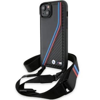 Чехол BMW для iPhone 15 / 14 / 13 M Edition Carbon Tricolor Lines & Strap, черный