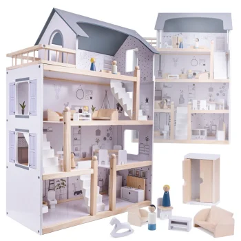 Wooden Play Dollhouse with Furniture, 80cm