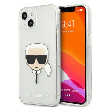Karl Lagerfeld iPhone 13 mini vāciņš Glitter Karl's Head, sudraba