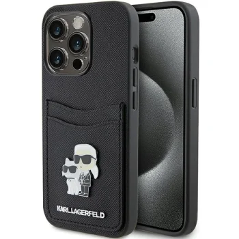 Karl Lagerfeld iPhone 15 Pro vāciņš Saffiano Cardslot Karl&Choupette, melns