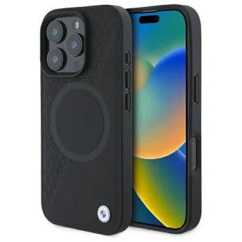 Чехол BMW для iPhone 16 Pro Max Sign Leather Half Textured MagSafe, черный
