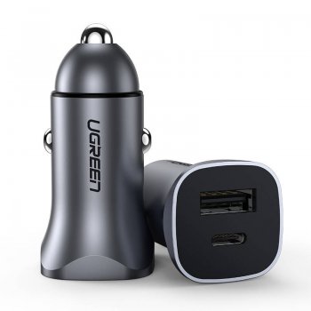 UGREEN Car Charger USB and USB-C, 24W, Grey | Automašīnas Telefona Lādētājs