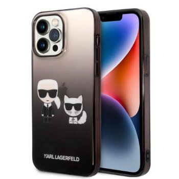 Karl Lagerfeld Ikonik Karl & Choupette vāciņš iPhone 14 Pro, Black Gradient
