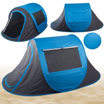 Pop-up beach tent, self-assembling, UV protection, large, carry bag, grey blue