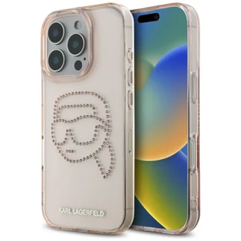 Karl Lagerfeld IML Rhinestones Karl Head vāciņš iPhone 16 Pro, Rozā