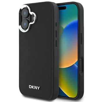 Чехол DKNY для iPhone 16 Plain Silver Logo MagSafe, черный