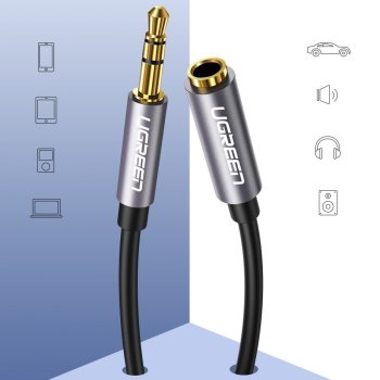 Ugreen Mini Jack (AUX 3.5mm) Male to Mini Jack Female Extension Cord Cable 1m, silver | 3.5mm AUX Mini Jack Pārejas...