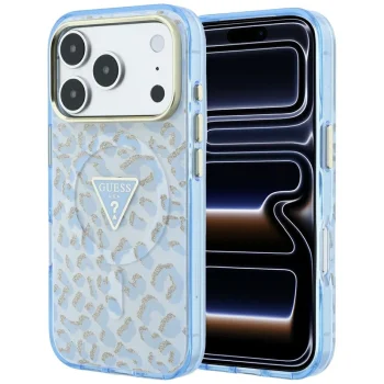Чехол Guess IML Leopard Glitter Triangle Logo MagSafe для iPhone 17 / 18 Pro Max, синий