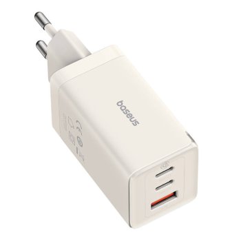 Tīkla lādētājs Baseus GaN5 2x USB-C + USB, 65W + kabelis 1m, Balts