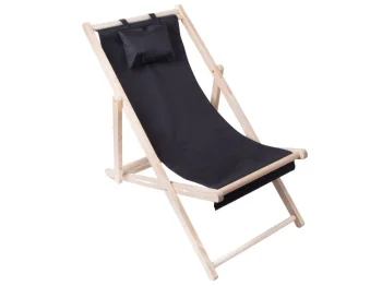 Folding Wooden Beach Lounger with Pillow, Black