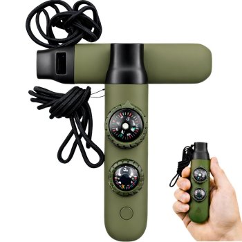 7-in-1 Survival Emergency Whistle with Compass and Flashlight, Green