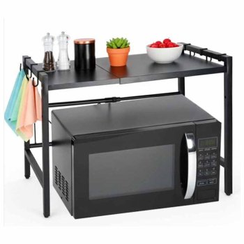 Adjustable Over-The-Microwave Shelf, Metal Kitchen Organizer Rack with 6 Hooks