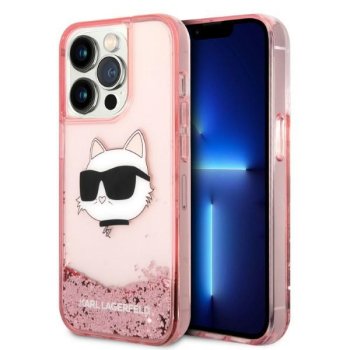 Karl Lagerfeld iPhone 14 Pro vāciņš Liquid Glitter Choupette Rozā