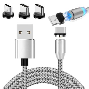 Магнитный кабель для зарядки 3 в 1 Micro USB Type-C Lightning 1м, серебристый
