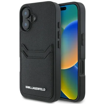 Karl Lagerfeld HC Grained PU Cardslot Metal Elong iPhone 16 Case, Black