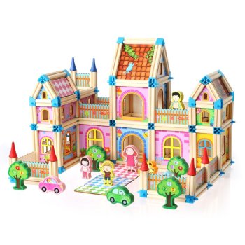 Bērnu Rotaļu Spēļu Leļļu Koka Māja - Konstruktors ar Aksesuāriem, 268 detaļas | Wooden Building Blocks Doll...