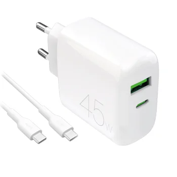 Puro Daily Prolite 45W USB-C un USB-A lādētājs ar USB-C kabeli, balts