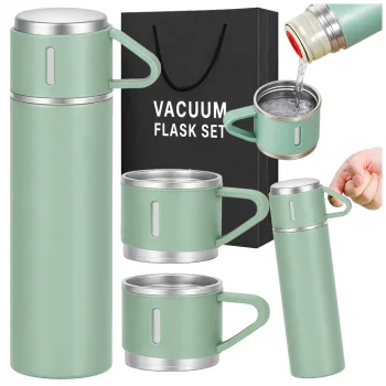 Travel Thermos 400ml with 3 Cups Stainless Steel, Green