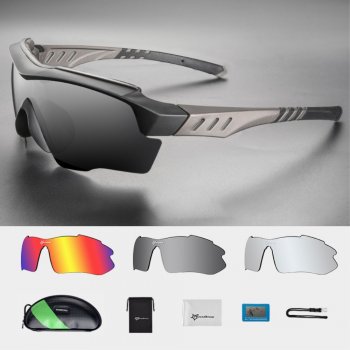Rockbros Polarizētas Sporta Velo Saulesbrilles ar Maināmiem Stikliem, Pelēkas | Polarized Sports Sunglasses 3x Lens...