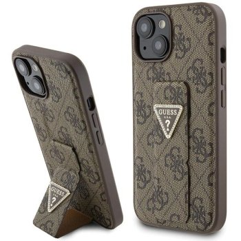 Guess iPhone 15 vāciņš Grip Stand 4G Triangle Strass, brūns