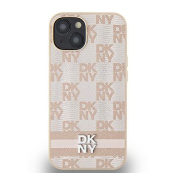 Apple iPhone 14 6.1'' DKNY Leather Checkered Mono Pattern Printed Stripes Case Cover, Pink