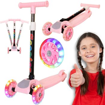 Foldable 3-Wheel Kids Scooter with LED Light-Up Wheels, Pink