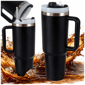 1.2L Insulated Tumbler with Handle and Straw Stainless Steel, Black