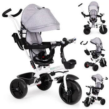 Ecotoys JM-322 GREY trīsritenis ar 360° grozāmu sēdekli un jumtiņu, pelēks