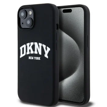 DKNY iPhone 14 vāciņš Liquid Silicone White Printed Logo MagSafe, melns