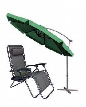 Saliekamā sauļošanās krēsla un zaļa dārza lietussarga komplekts