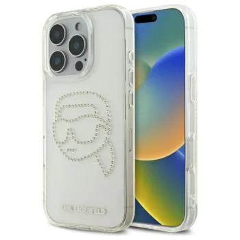 Karl Lagerfeld iPhone 16 Pro Max vāciņš IML Rhinestones Karl Head, caurspīdīgs
