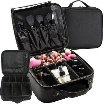 Travel Makeup Case with Adjustable Dividers Cosmetic Organizer, Black