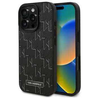 Karl Lagerfeld iPhone 16 Pro vāciņš Leather Monogram Metal Logo MagSafe, melns