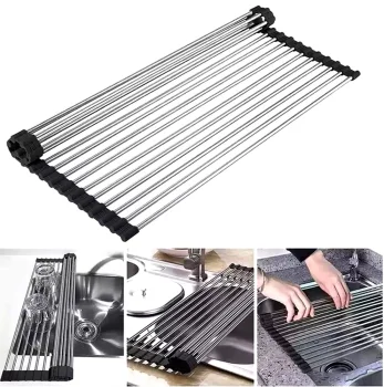 Roll-up Over-the-Sink Dish Drying Rack, 47x30 cm, Silver/Black