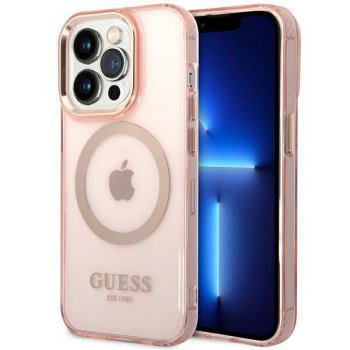Guess iPhone 14 Pro Max Case Gold Outline Translucent MagSafe Pink