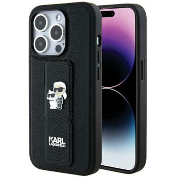 Apple iPhone 13 Pro 6.1'' Karl Lagerfeld Gripstand Saffiano Karl & Choupette Pins Cover Case, Black