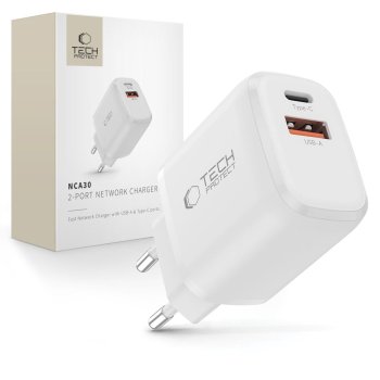 Tech-Protect NCA30 PD 30W QC3.0 USB-A / USB-C sienas lādētājs – balts