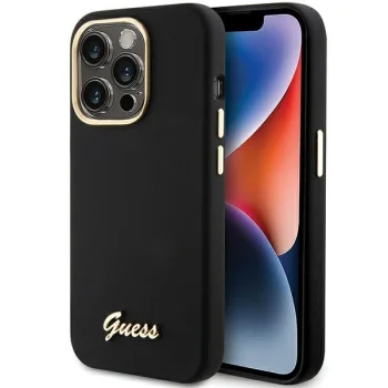 Guess Silikona vāciņš ar metāla logotipu un rāmi iPhone 15 Pro Max - melns | Silicone Script Metal Logo &...