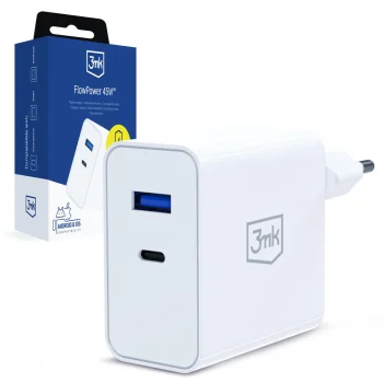 Сетевое зарядное устройство 3Mk Protection FlowPower 45W, USB-A / USB-C, Белый