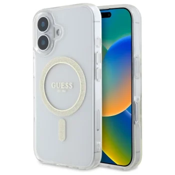 Чехол Guess для iPhone 16 Plus IML Glitter Circle MagSafe, прозрачный