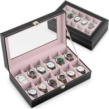 Watch Box Massido MS-710 for 12 Watches with Glass Lid, Black and Salmon