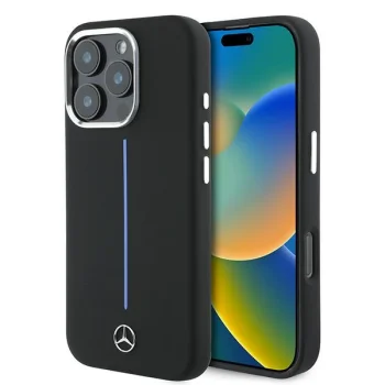 Mercedes silikona futrālis ar zilām svītrām MagSafe iPhone 16 Pro Max - melns | Silicone Blue Stripe Case for Black
