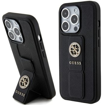 Guess iPhone 15 Pro Max vāciņš Grip Stand 4G Saffiano Strass, melns