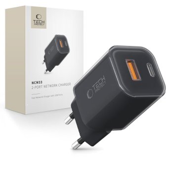 Tech-Protect NCM33W 2-portu PD33W/QC3.0 sienas lādētājs – melns