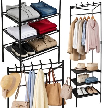 Corner Coat Rack with 3 Shoe Shelves, Metal Hall Tree Entryway Organizer Stand, black