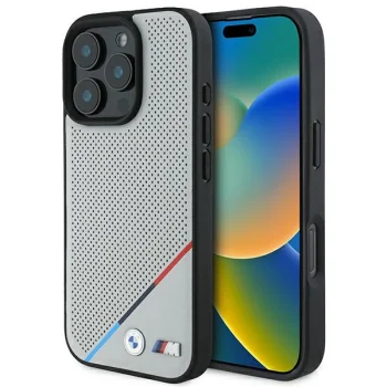Чехол BMW для iPhone 16 Pro M Perforated Tricolor Line MagSafe, серый