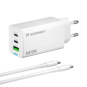 Wozinsky GaN tīkla lādētājs 65W, 2x USB-C / USB-A ar 65W USB-C kabeli, balts