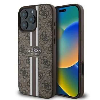 Guess iPhone 16 Pro vāciņš 4G Printed Stripes MagSafe, brūns
