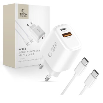 Tech-Protect NCA20 PD 20W QC3.0 USB-A / USB-C sienas lādētājs + USB-C / USB-C kabelis 100 cm - balts